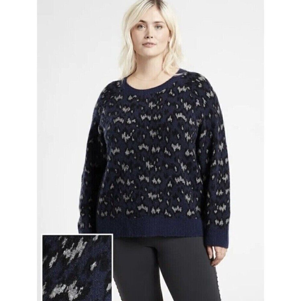 Athleta Hawthorn Merino Wool Crew Neck Sweater Size 3X Navy Leopard
